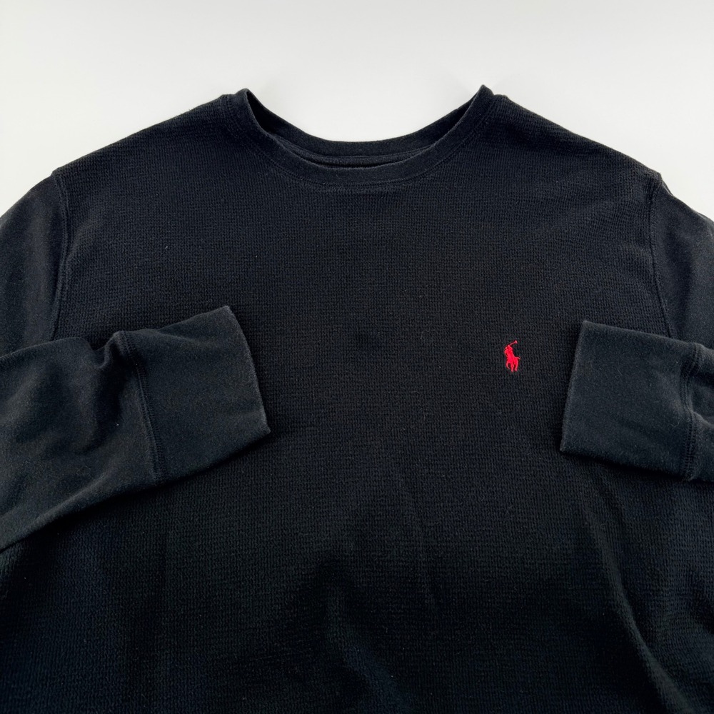 Polo Ralph Lauren Waffle Knit Thermal Long Sleeve Shirt Red Pony XL Black